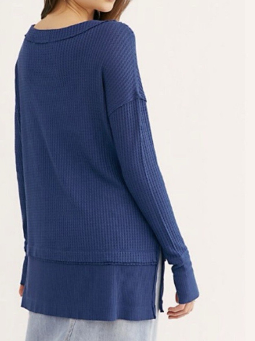 Free People North Shore Long Sleeve Deep Blue Thermal Tunic Top Oversized S